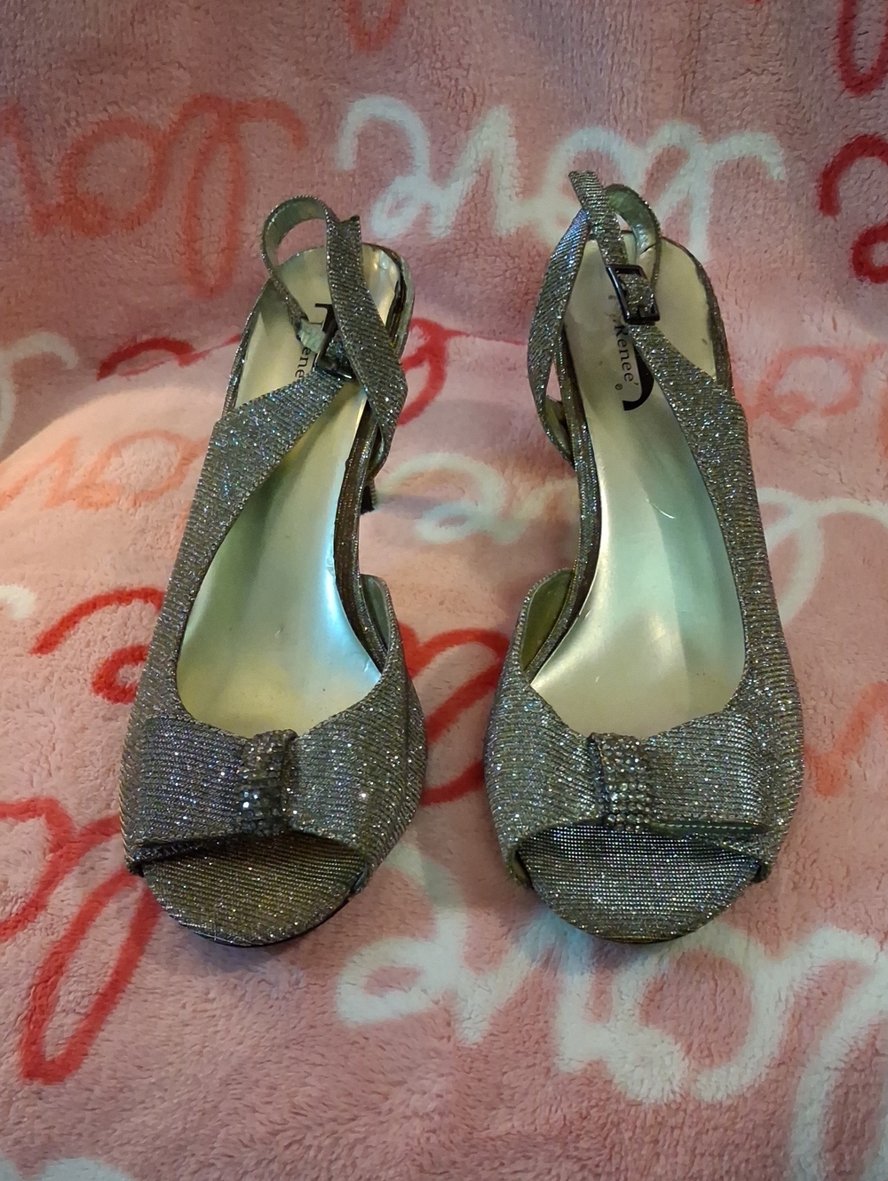 J.Reene Glitter Bow Peep-Toe Slingback Heels - Silver